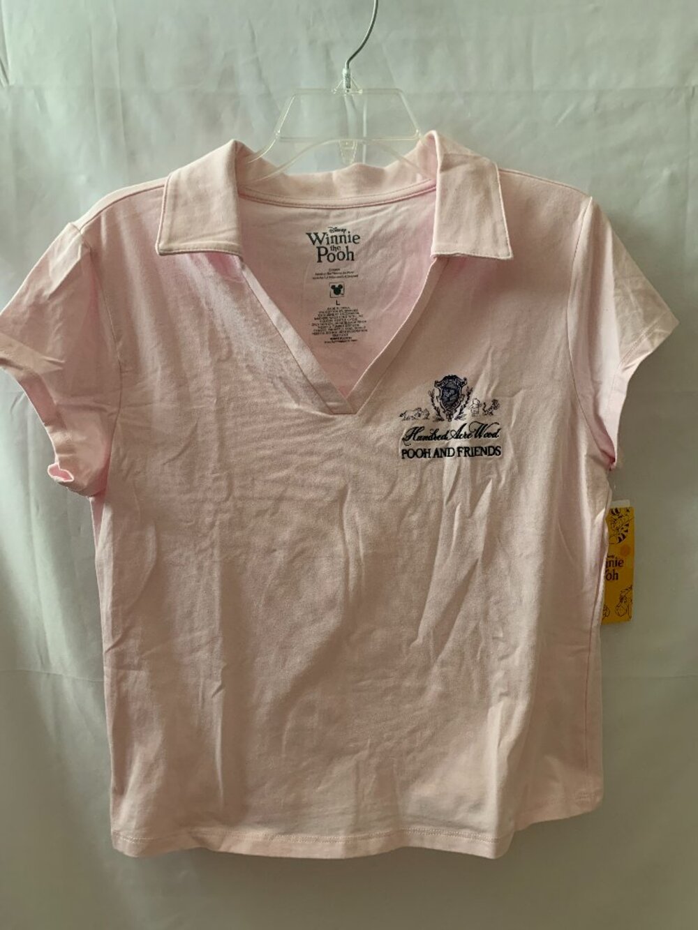DISNEY Winnie the Pooh & Friends Hundred Acre Wood V-Neck Polo Tee Sz LARGE